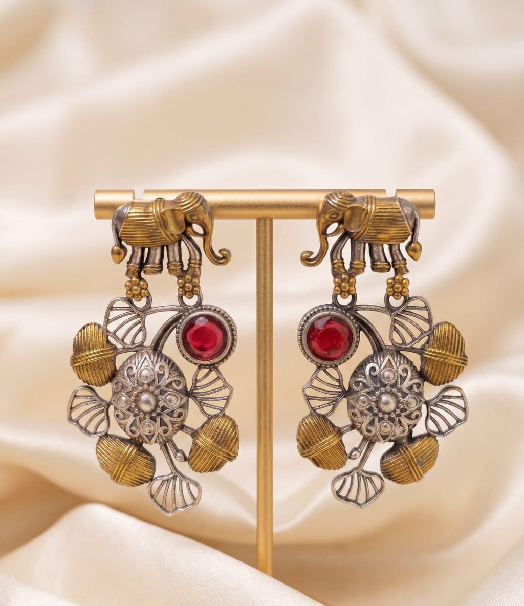 Dual-Tone Elephant Motif Silver Replica Statement Earrings