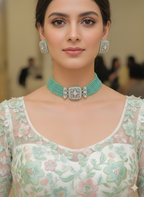 ✨ Light Sea Green Elegance American Diamond Choker Set ✨
