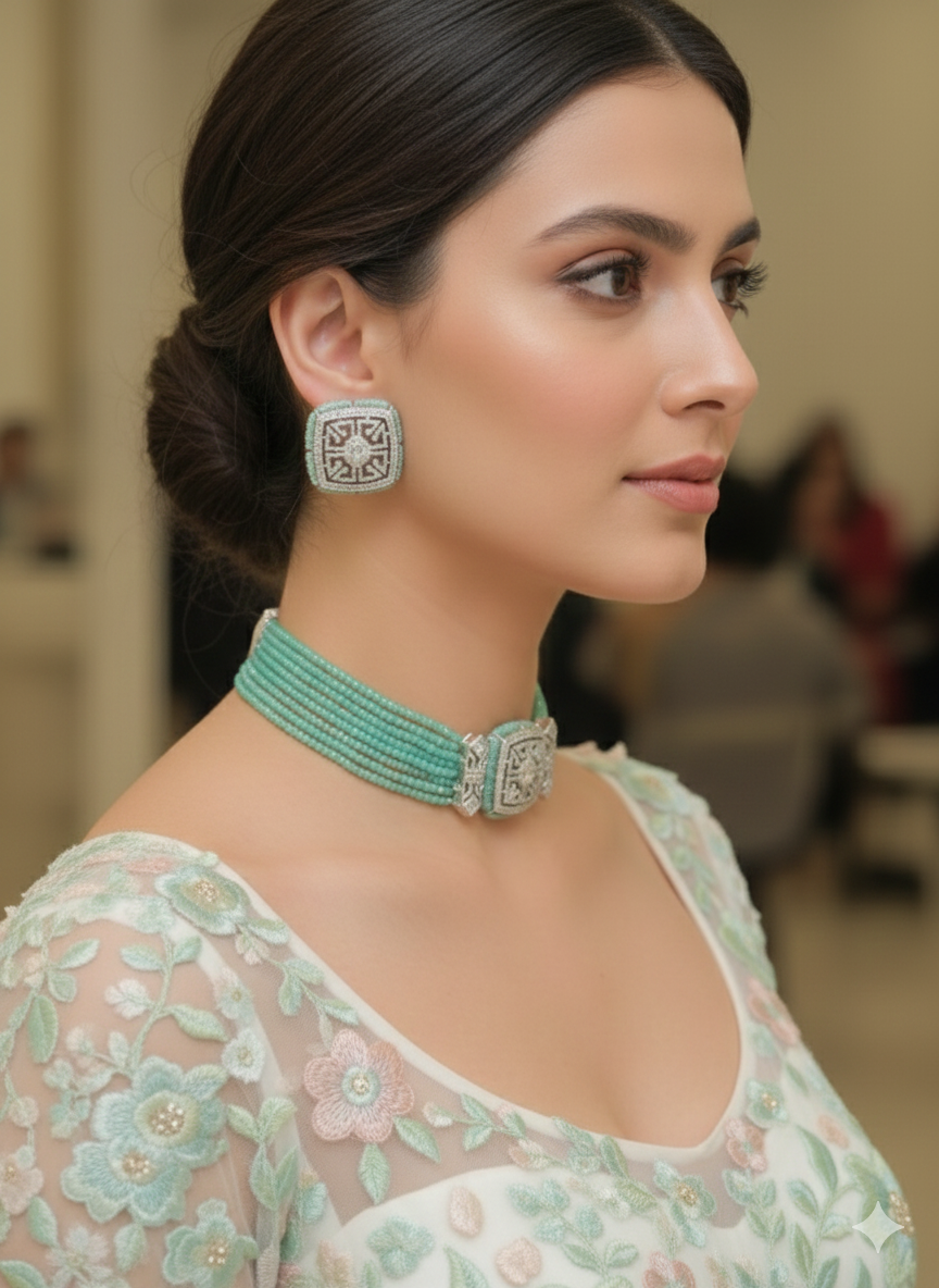 ✨ Light Sea Green Elegance American Diamond Choker Set ✨