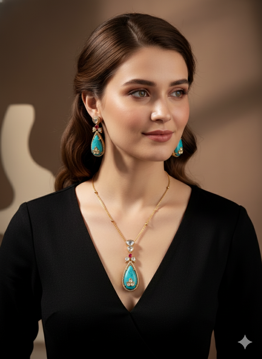Firoza & Kundan Pendant Earrings Set