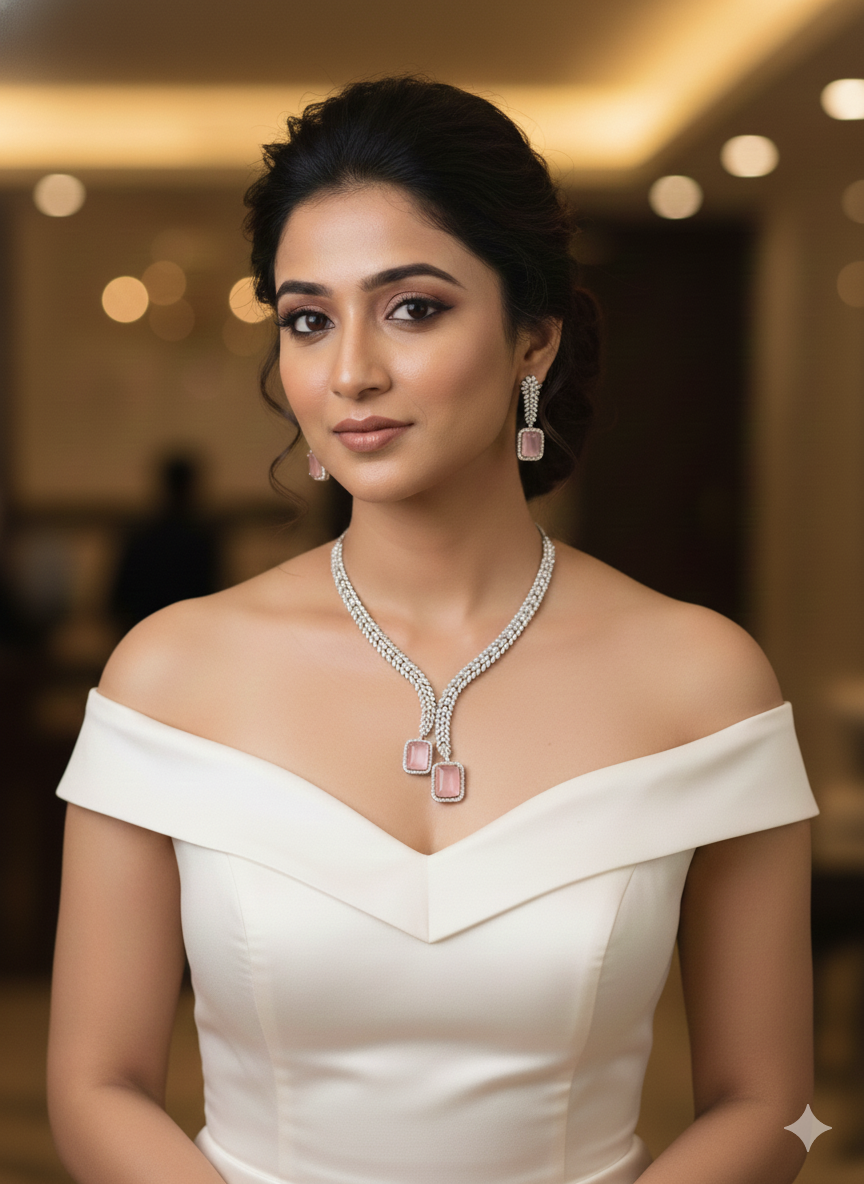 Pink Monalisa Glow – Silver Polish American Diamond Necklace Set