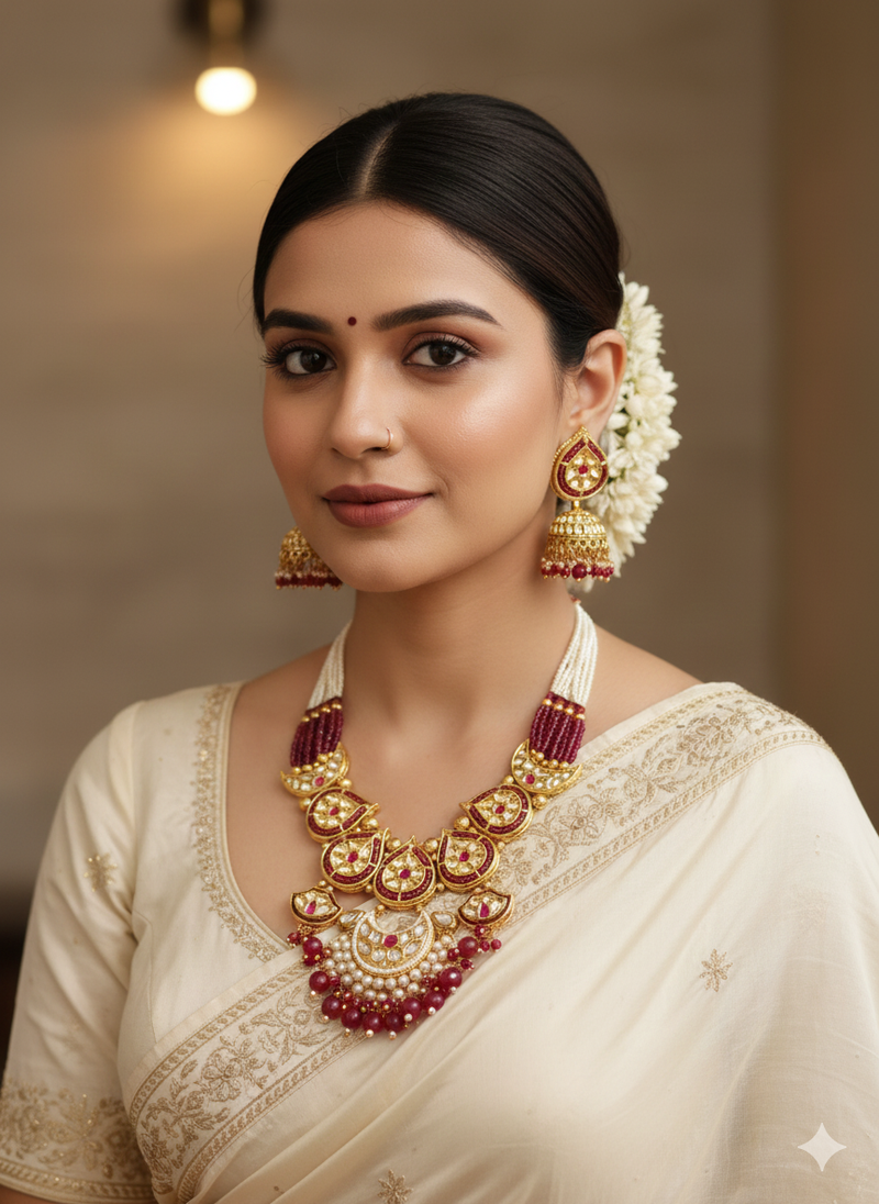 Kundan, Onyx & Pearl Malaa Necklace–Earrings Set in Gold Polish