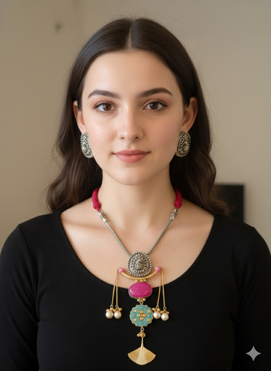 Dual-Tone Silver Replica Statement Necklace Set