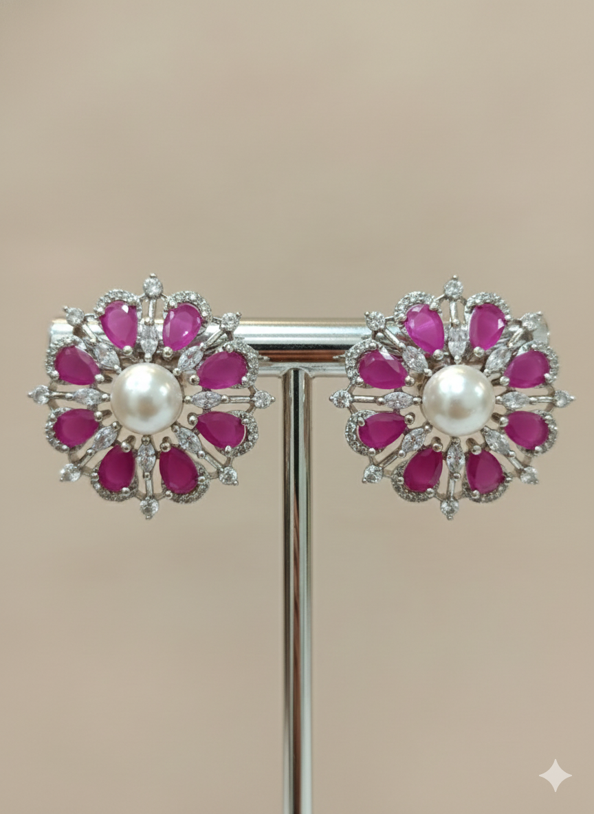 ✨ Ruby Pearl Bloom American Diamond Studs ✨