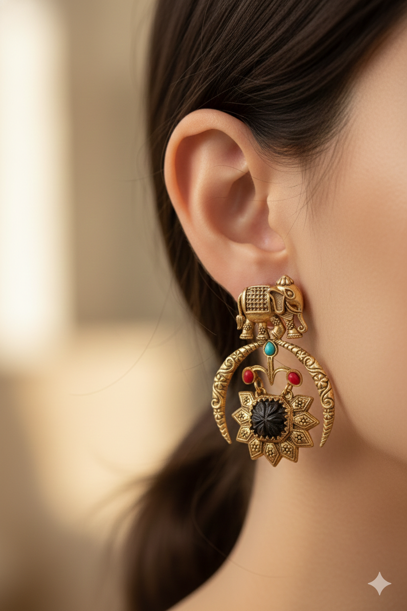 Royal Amrapali Elephant Motif Silver Replica Earrings