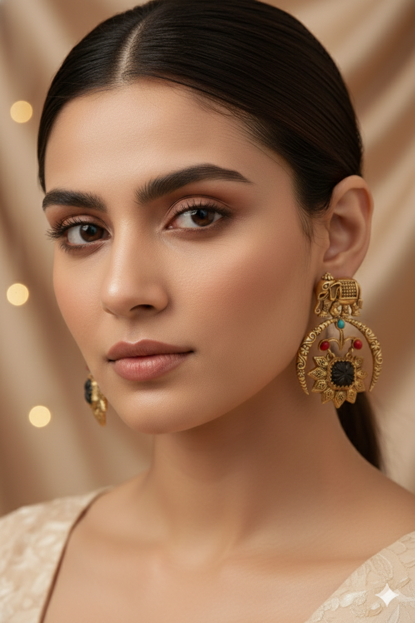 Royal Amrapali Elephant Motif Silver Replica Earrings