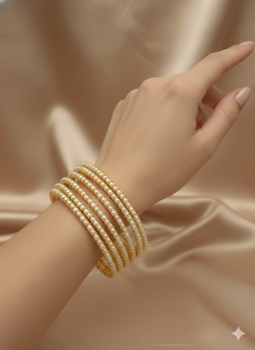 Classic Pearl Gold-Plated Bangles – Set of 4