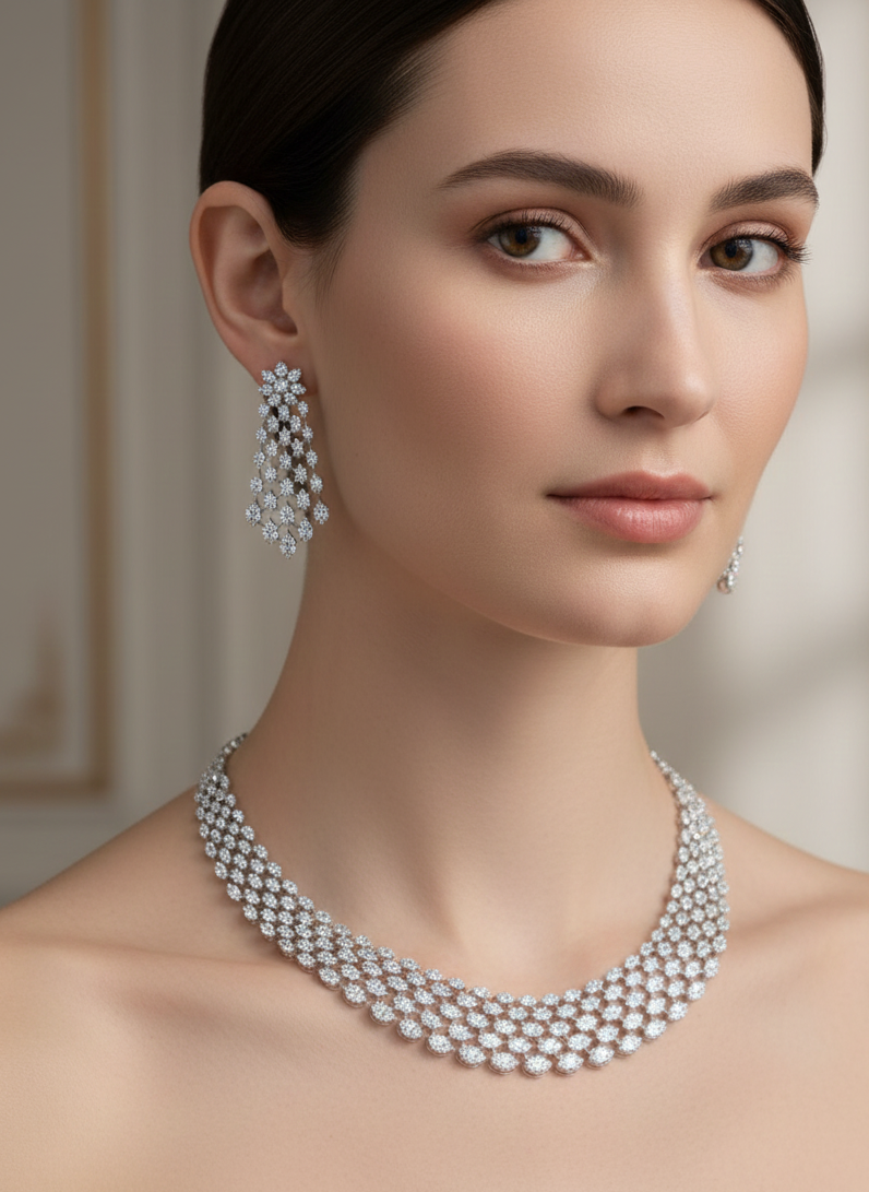 Celeste Sparkle Silver Polish American Diamond Necklace Set