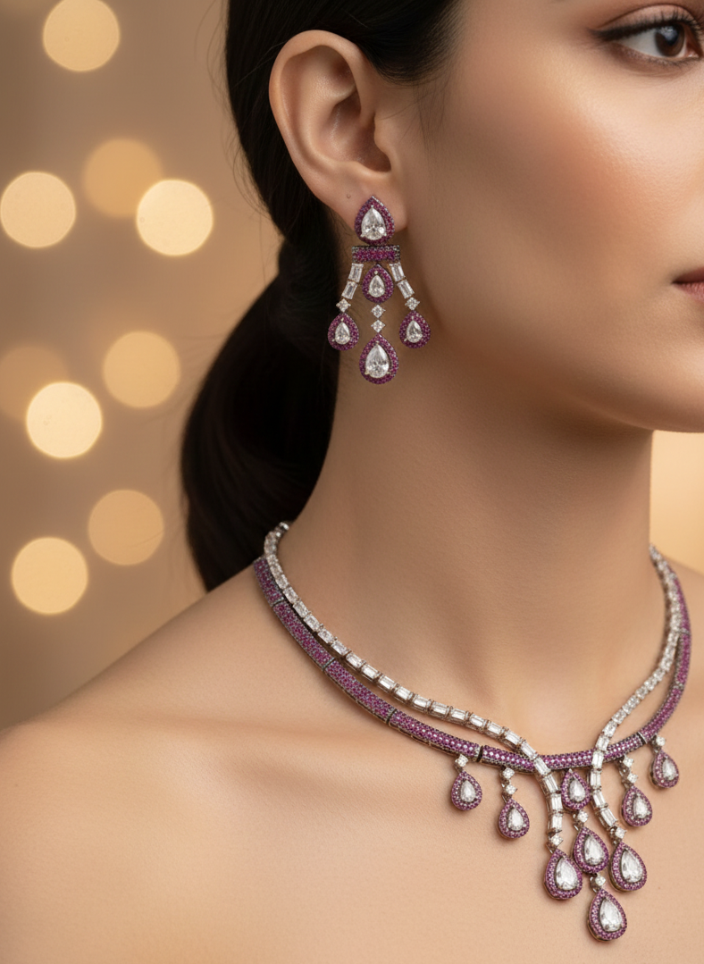 Noir Amethyst Grace – American Diamond Nano Necklace Set