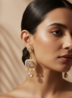 Gold plated kundan long earrings with pink shade marble stone and American diamond