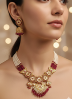 Kundan, Onyx & Pearl Malaa Necklace–Earrings Set in Gold Polish