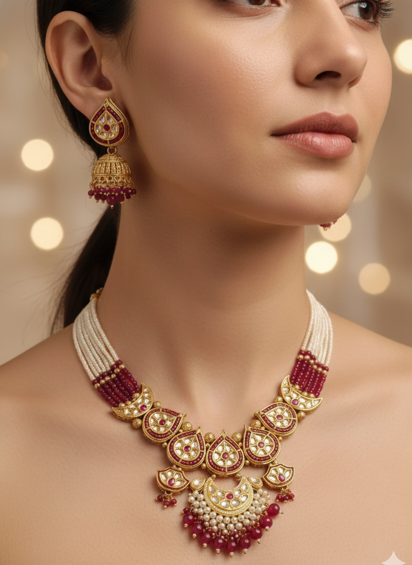 Kundan, Onyx & Pearl Malaa Necklace–Earrings Set in Gold Polish