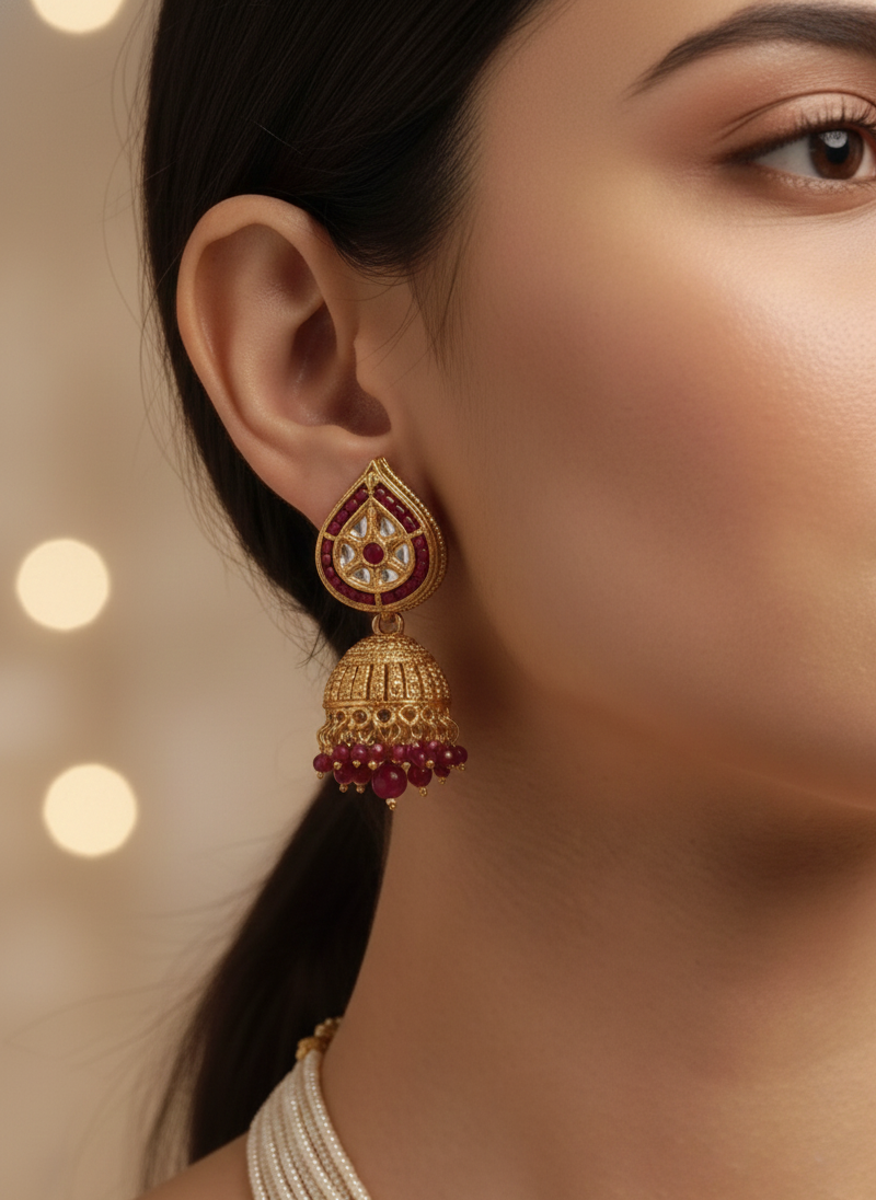 Kundan, Onyx & Pearl Malaa Necklace–Earrings Set in Gold Polish