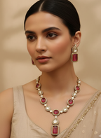 Antique Kundan and American Diamond Necklace with Ruby Accents - Handcrafted Bridal Jewelry Taksh Exclusive