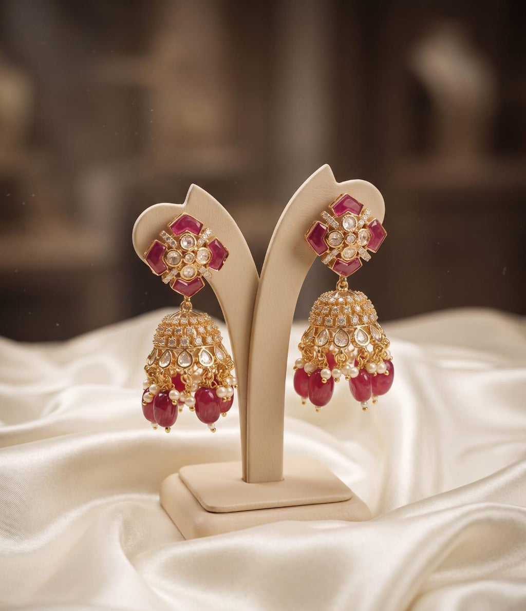 18 Carat Gold Plated Royal Ruby Kundan Jhumkas