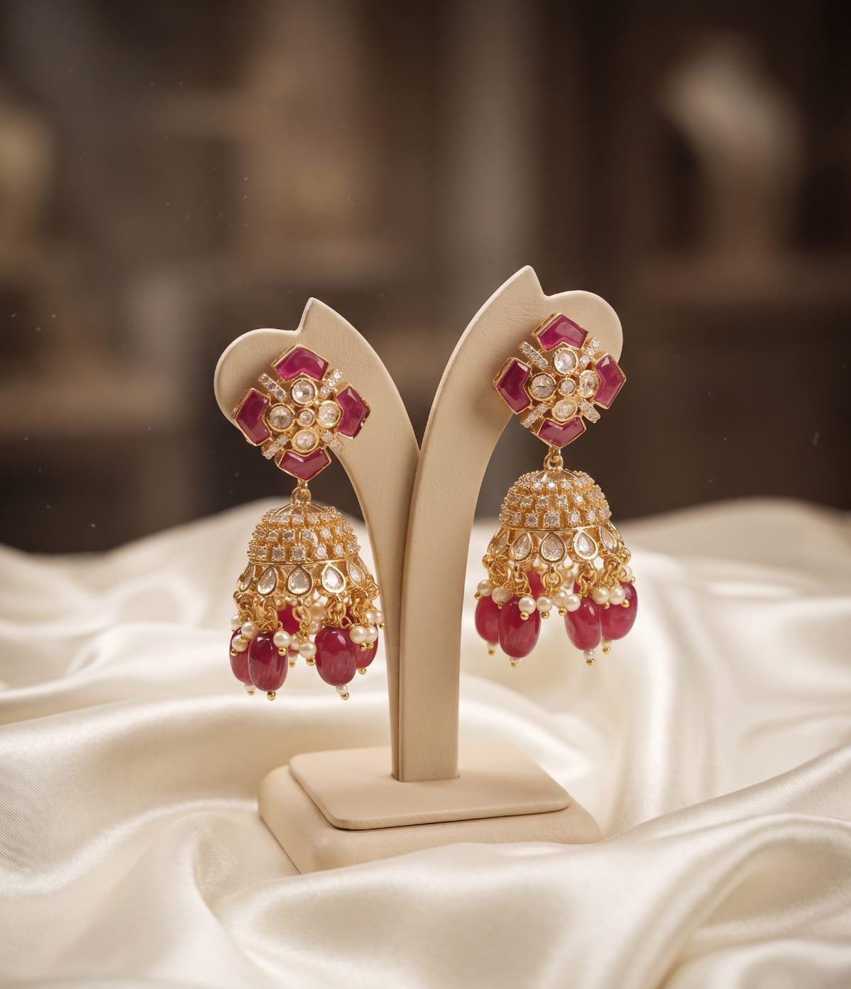18 Carat Gold Plated Royal Ruby Kundan Jhumkas