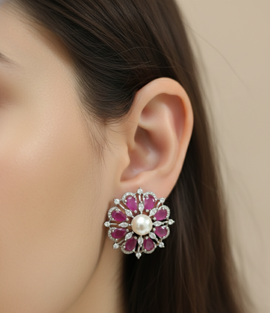 ✨ Ruby Pearl Bloom American Diamond Studs ✨