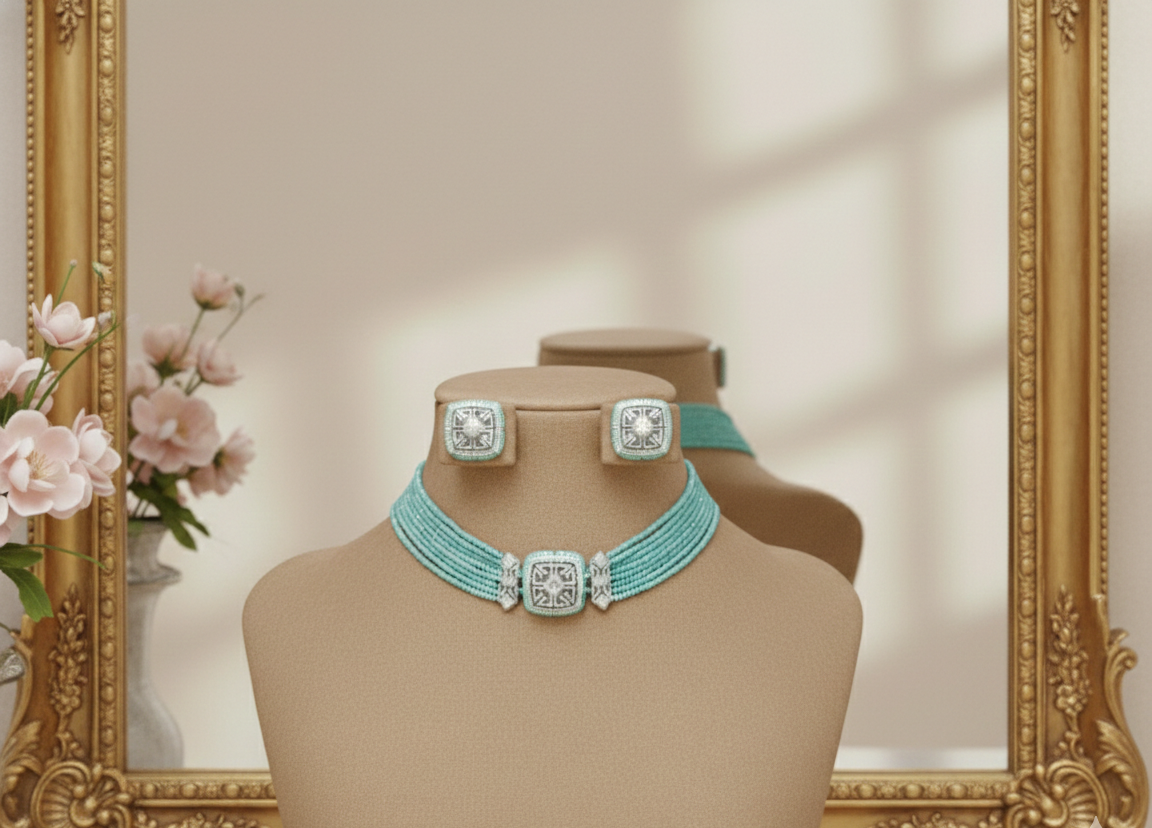 ✨ Light Sea Green Elegance American Diamond Choker Set ✨