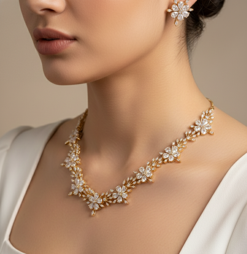 ✨ Floral Grace American Diamond Necklace Set – Mehndi Polish ✨