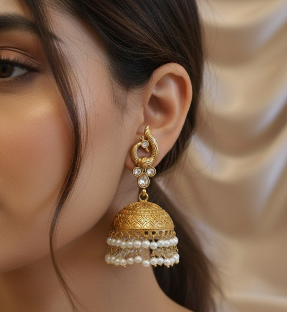 Classic Gold-Tone Silver Replica Pearl Jhumkas