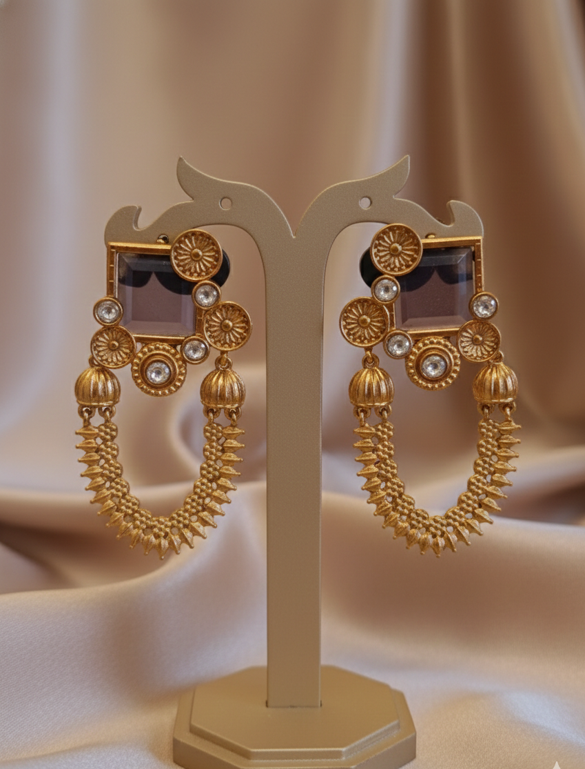 Amrapali Style Antique Gold-Tone Coin Earrings – Purple & Red