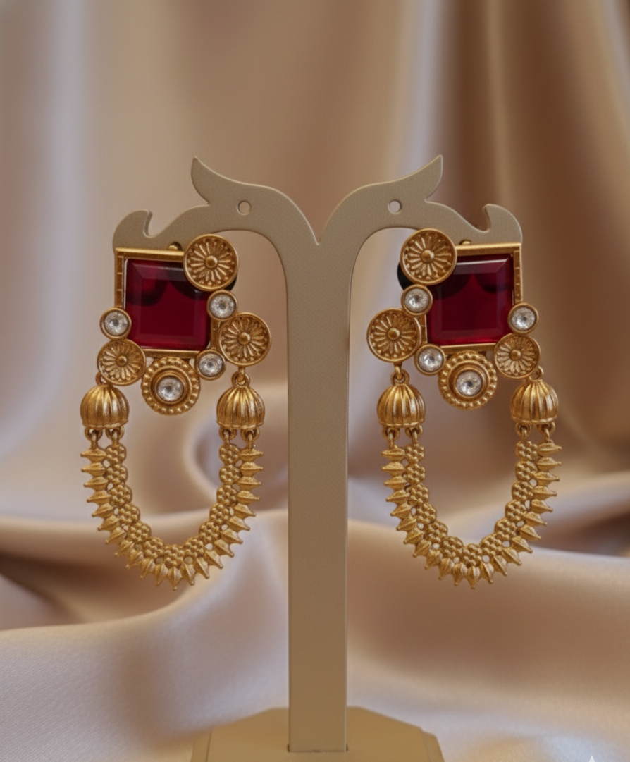 Amrapali Style Antique Gold-Tone Coin Earrings – Purple & Red