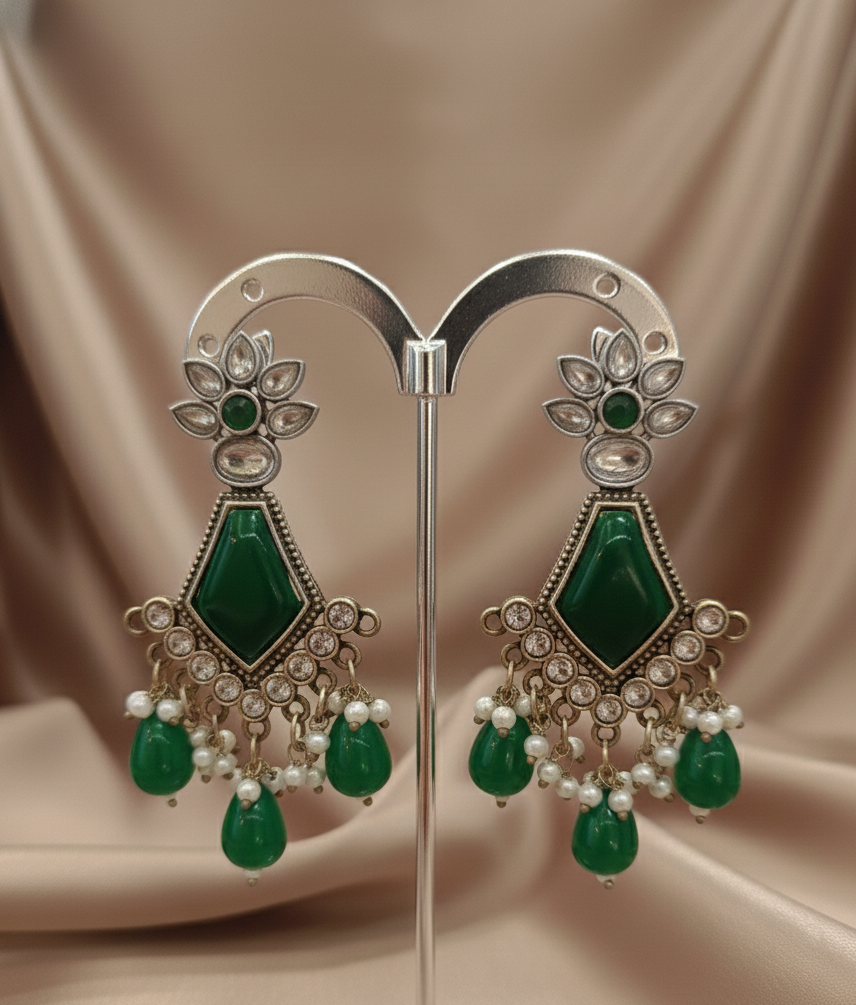 Green Monalisa Grace Earrings with American Diamond