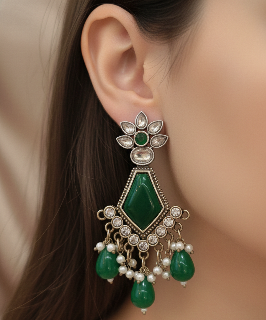 Green Monalisa Grace Earrings with American Diamond