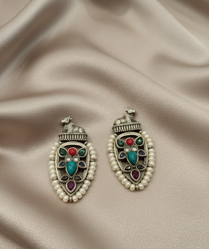 Navratna Pearl Silver Replica Earrings