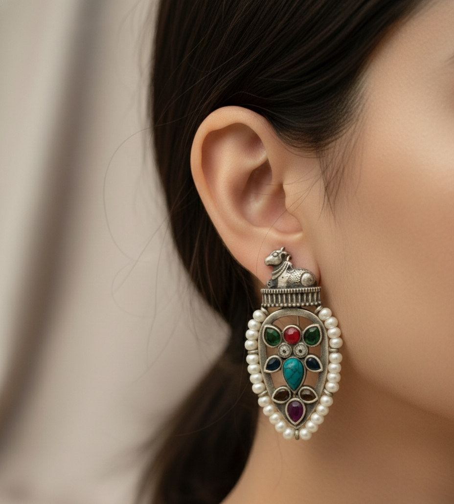 Navratna Pearl Silver Replica Earrings