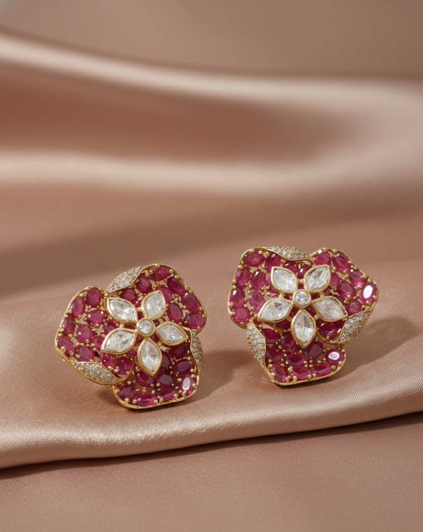 Opulent Kundan & American Diamond Floral Stud Earrings