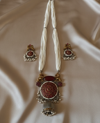 Regal Heritage Dual-Tone Silver Replica Long Pearl Mala Necklace Set