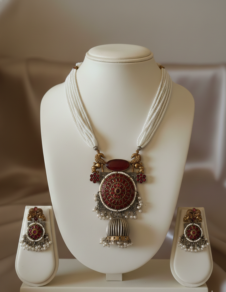 Regal Heritage Dual-Tone Silver Replica Long Pearl Mala Necklace Set