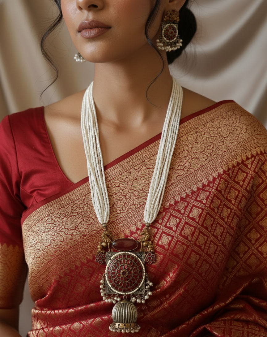 Regal Heritage Dual-Tone Silver Replica Long Pearl Mala Necklace Set