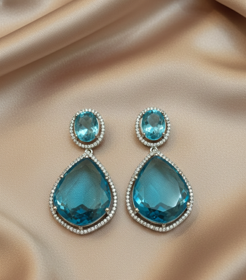 Aqua Glow American Diamond Drop Earrings