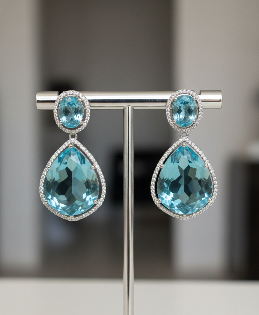 Aqua Glow American Diamond Drop Earrings