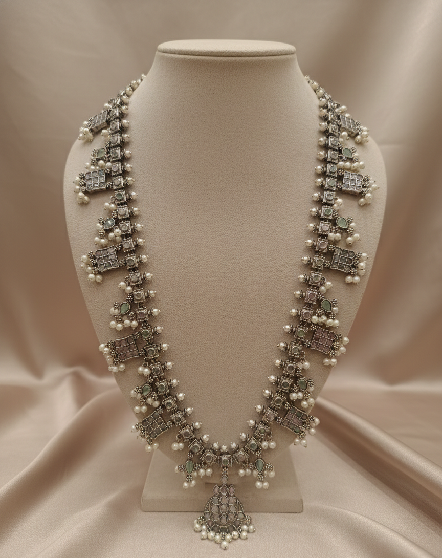 Dual Tone Silver Replica Long Necklace with Mint & Pink Stones – Traditional Ethnic Pearl Mala Jewelry