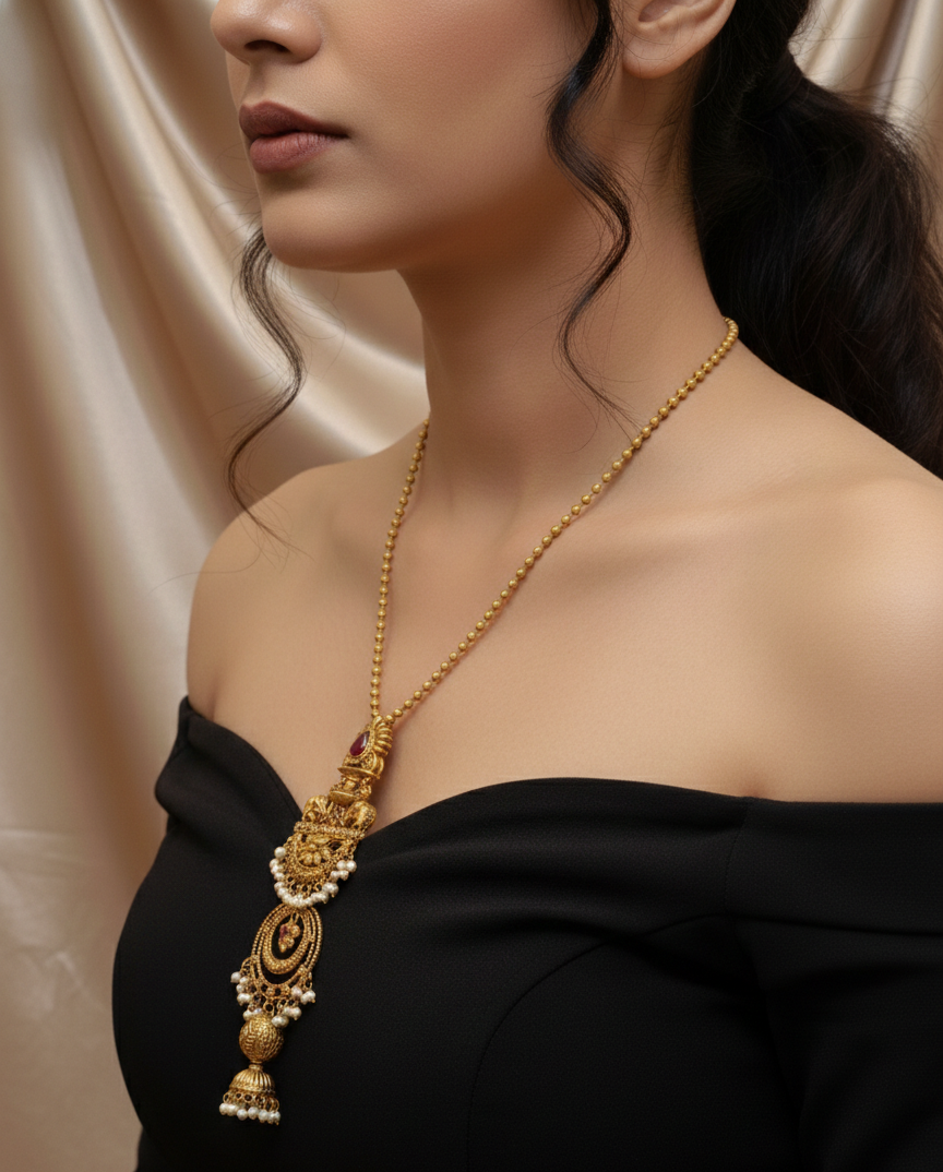 Apala Polish Silver Replica Indo-Western Long Necklace – Temple Inspired Statement Jewelry