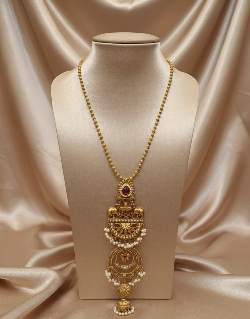Apala Polish Silver Replica Indo-Western Long Necklace – Temple Inspired Statement Jewelry