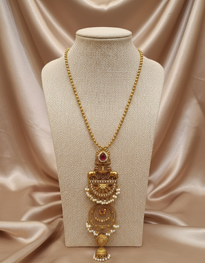 Apala Polish Silver Replica Indo-Western Long Necklace – Temple Inspired Statement Jewelry
