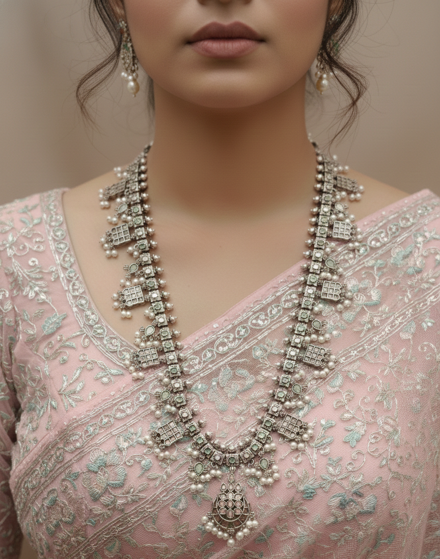 Dual Tone Silver Replica Long Necklace with Mint & Pink Stones – Traditional Ethnic Pearl Mala Jewelry