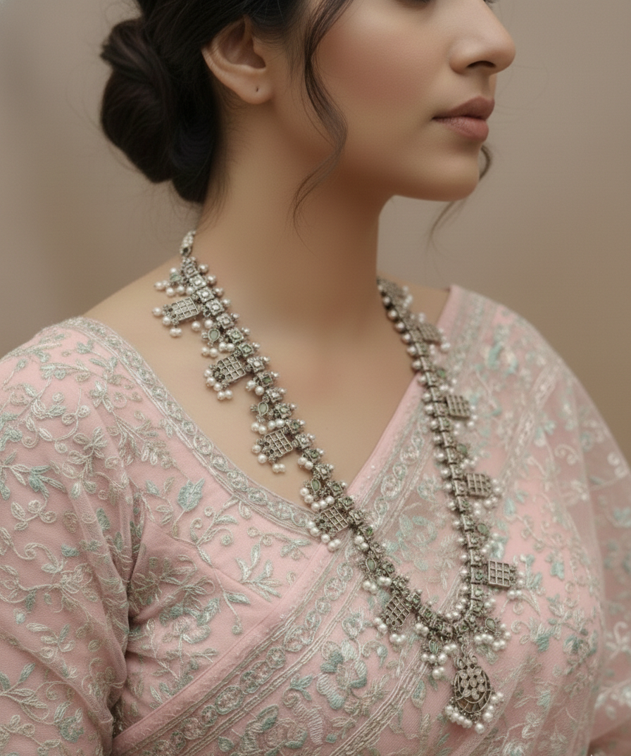 Dual Tone Silver Replica Long Necklace with Mint & Pink Stones – Traditional Ethnic Pearl Mala Jewelry