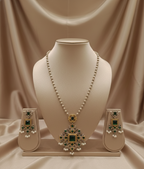 Silver Replica Pearl Trail Necklace Set with Green Stones