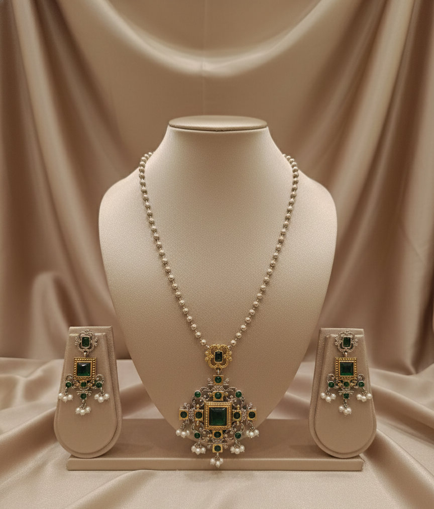 Silver Replica Pearl Trail Necklace Set with Green Stones