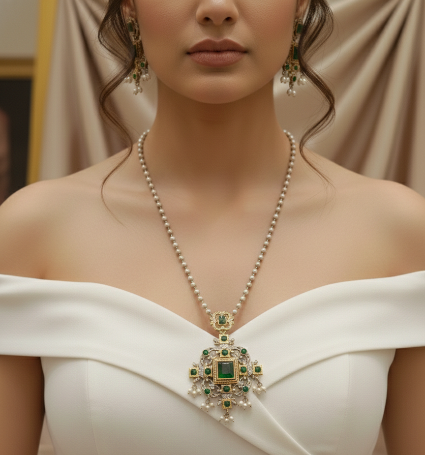 Silver Replica Pearl Trail Necklace Set with Green Stones