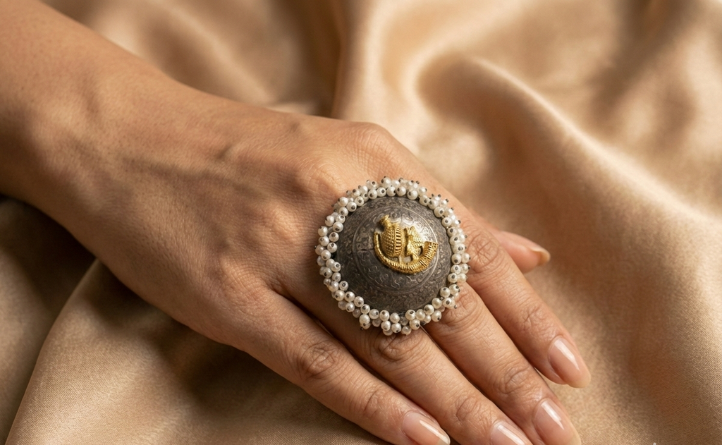 Big Size Antique Silver Replica Pearl Statement Ring