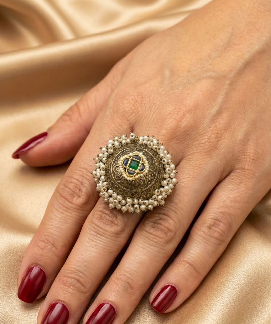 Big Size Antique Silver Replica Pearl Statement Ring