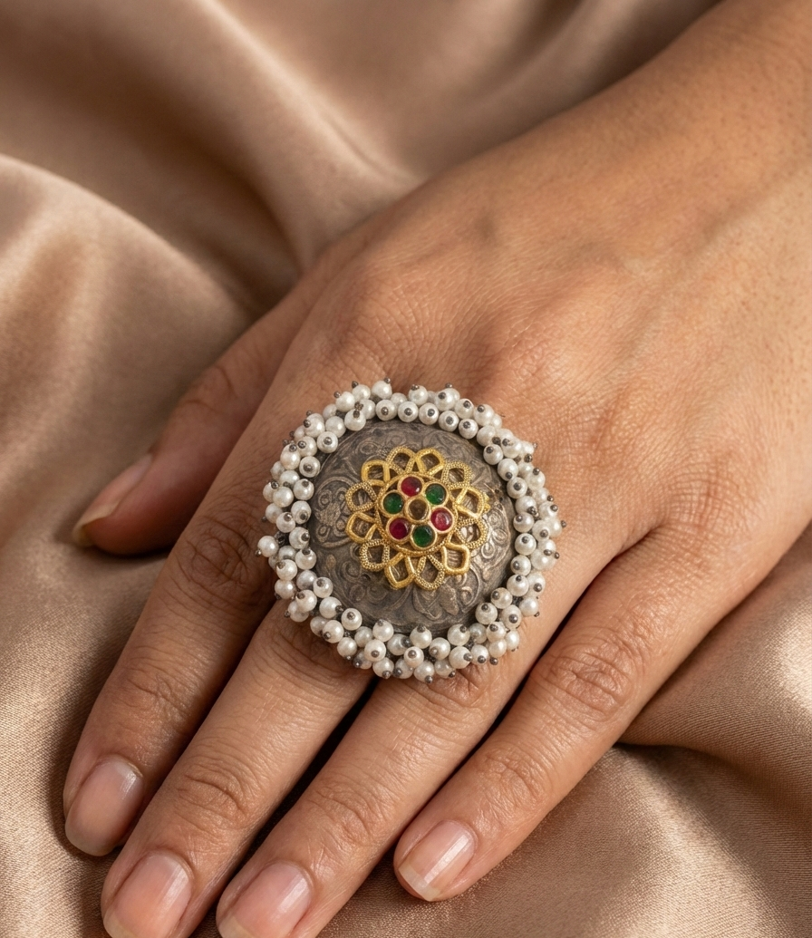 Big Size Vintage Silver Replica Statement Ring with Pearl Border
