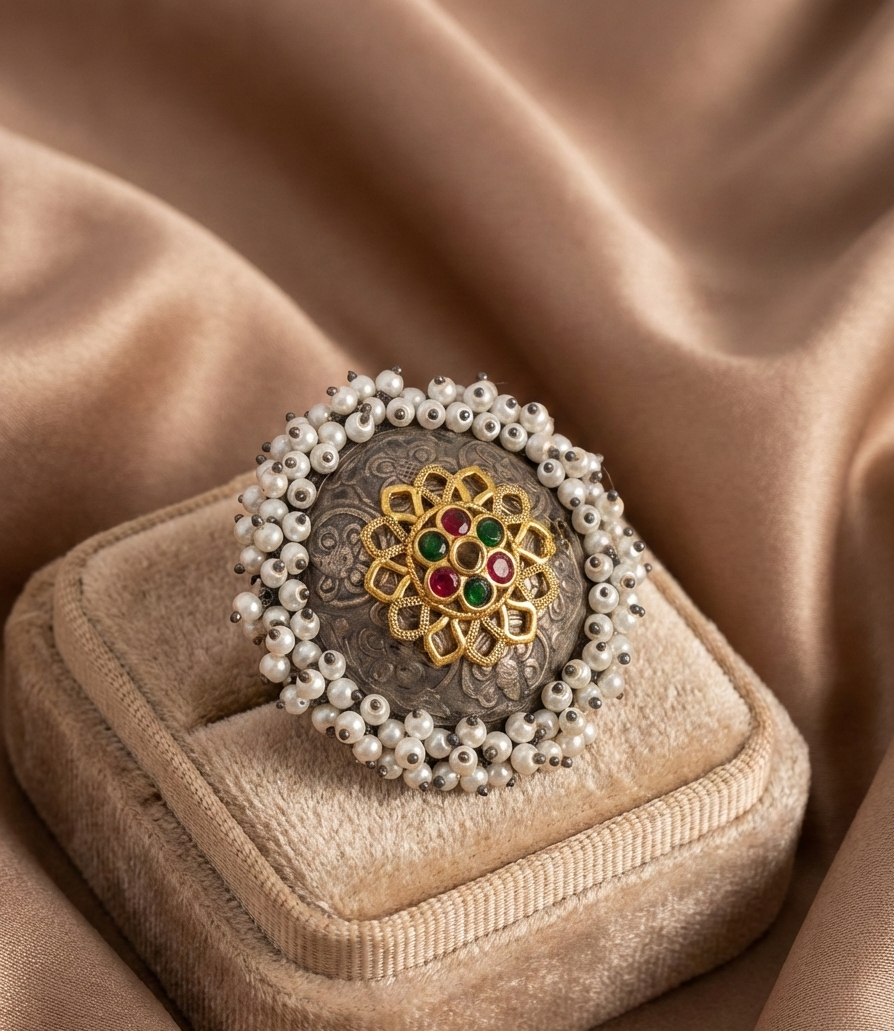 Big Size Vintage Silver Replica Statement Ring with Pearl Border