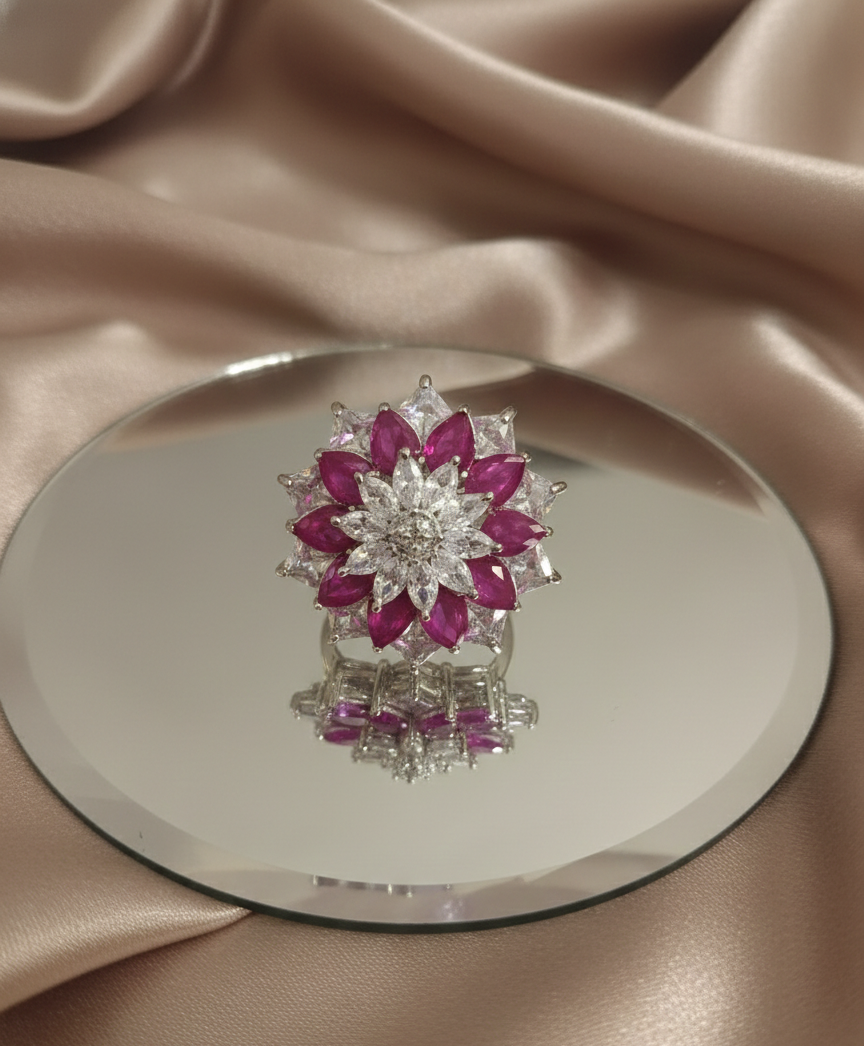 Floral American Diamond Pink Stone Statement Ring